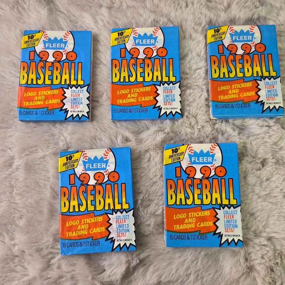 Lot of 5 1990 Fleer Baseball 10th Anniversary Edition Unopened Wax Pack 15 Cards